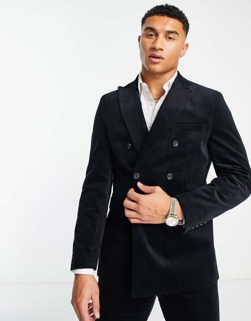 Selected Homme – Schmal geschnittene, doppelreihige Anzugjacke aus Cord in Marineblau 