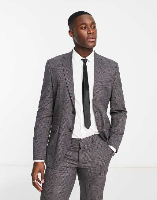 Selected Homme – Schmal geschnittene, karierte Anzugjacke in Grau