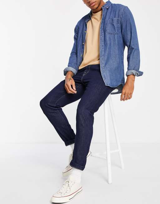Selected Homme – Schmal zulaufende Jeans in Dunkelblau mit Kontrastnaht, Kombiteil