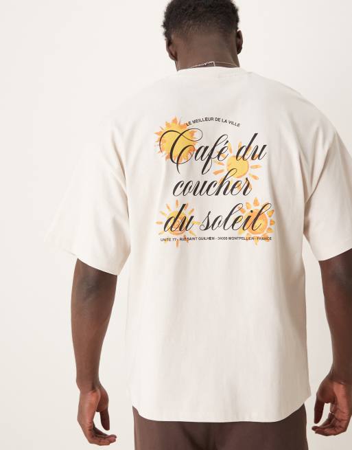 Selected Homme – Schweres Oversize-T-Shirt in Creme mit Sonnen-Rückenprint