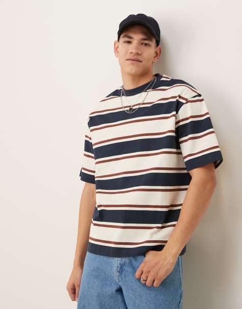 Selected Homme – Schweres Oversize-T-Shirt in Marineblau gestreift - view 1
