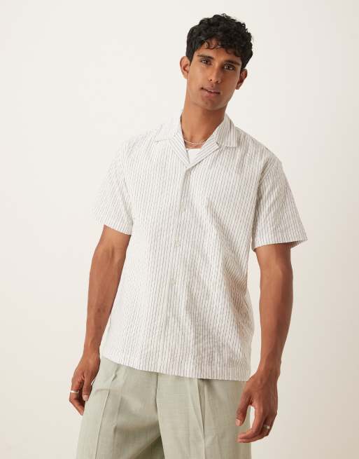 Selected Homme seersucker camp collar shirt in cream strip