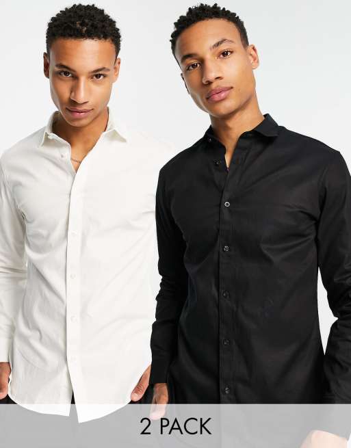 Selected Homme - Set van 2 paar slim-fit poplin overhemden in wit en zwart 