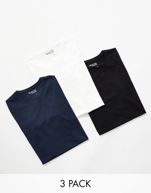 Selected Homme - Set van 3 T-shirts in zwart, wit en marineblauw