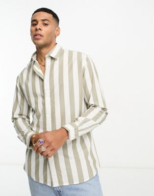 Selected Homme shirt in white & khaki stripe  - ASOS Price Checker