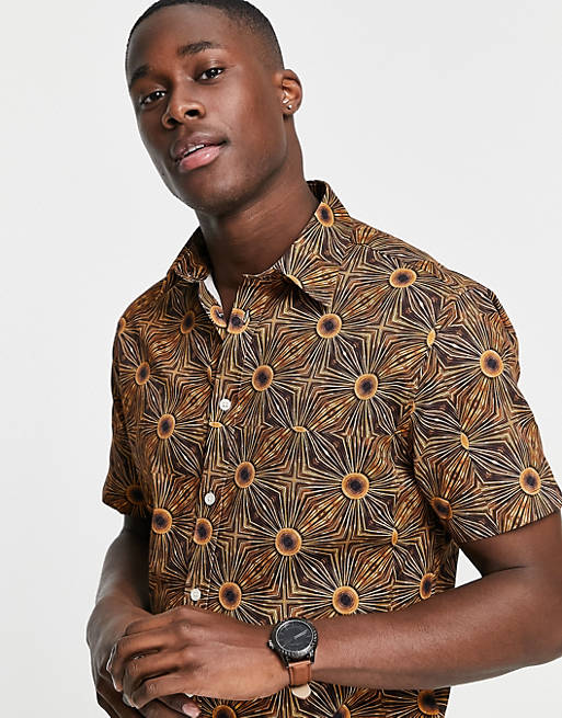 Men Selected Homme shirt with button collar in retro gold print 