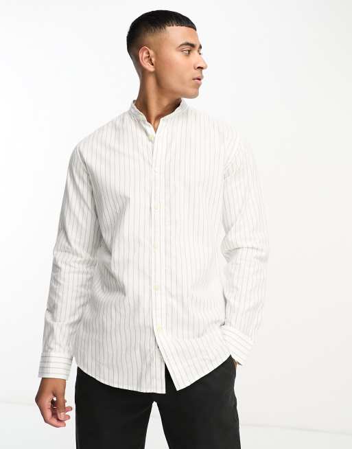 Selected Homme shirt with grandad collar in off white stripe | ASOS