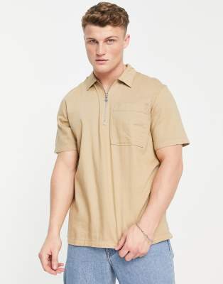 Selected Homme Short Sleeve Half Zip Shirt In Sand-neutral