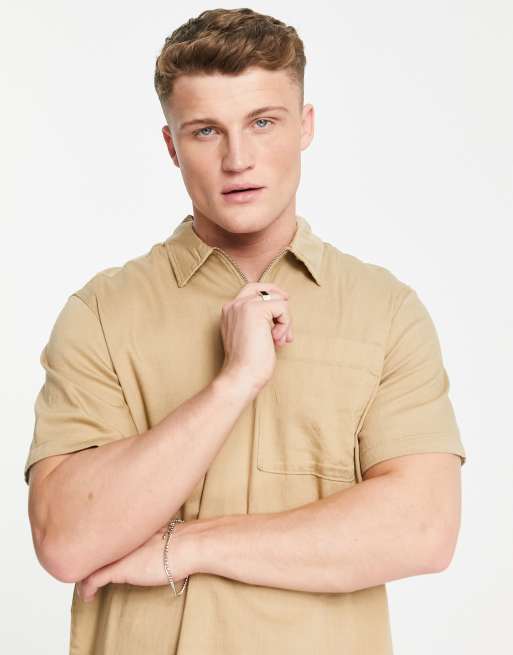 Selected Homme short sleeve half zip shirt in sand