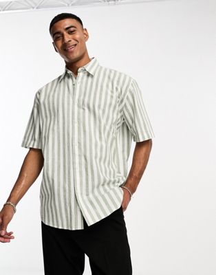 Selected Homme short sleeve linen shirt in white & sage stripe