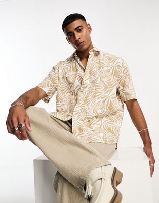 Selected Homme Short Sleeve Linen Shirt In White With Palm Print In Blue