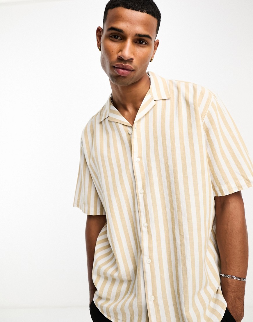 short sleeve revere collar linen shirt in white & beige stripe