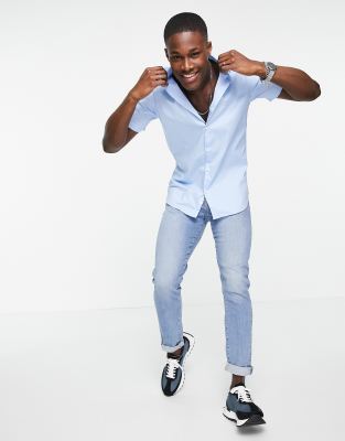 Selected Homme short sleeve smart shirt in light blue - ASOS Price Checker