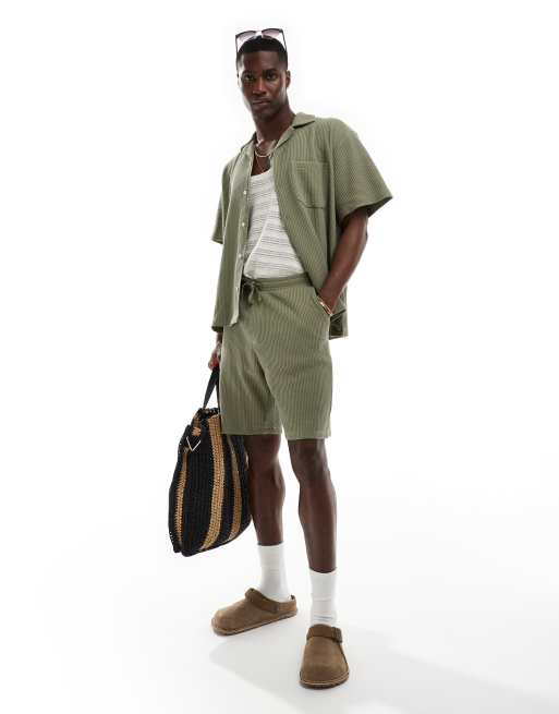 Selected Homme – Shorts in Khaki mit Waffelstruktur, Kombiteil