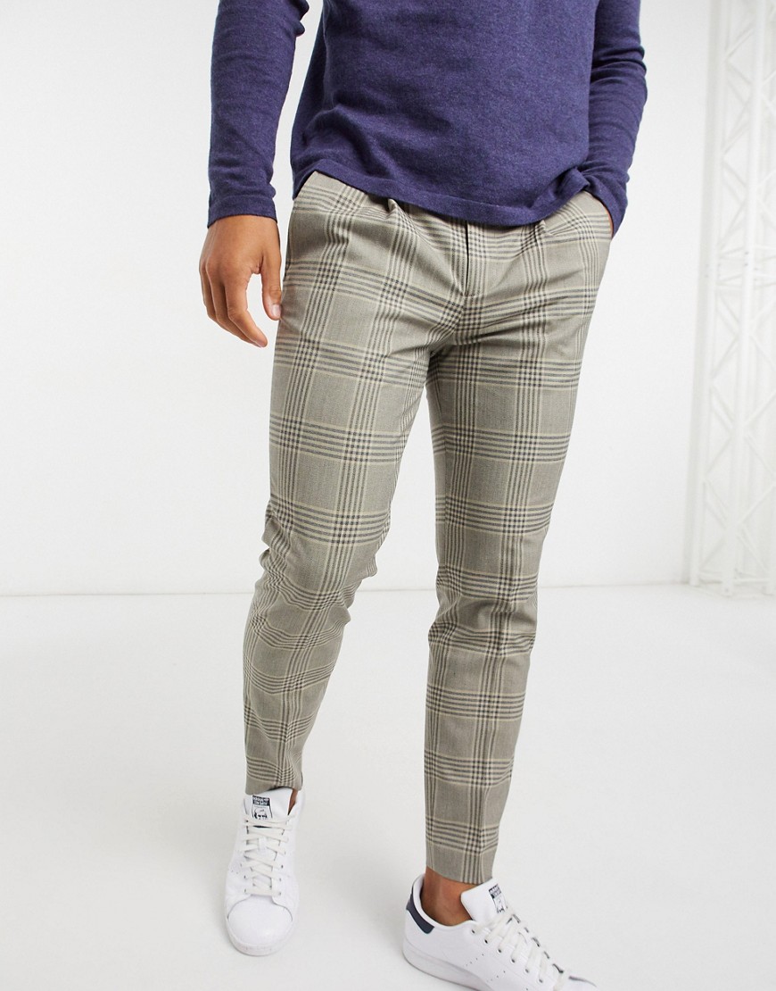 Selected Homme skinny crop pant in beige check-Neutral