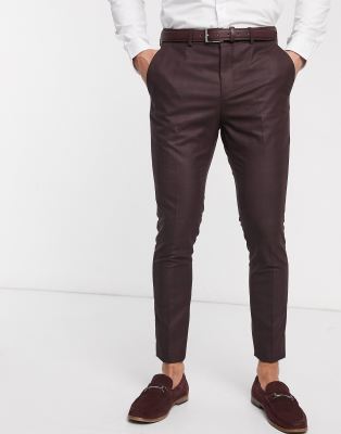 Selected Homme skinny fit stretch suit trouser in burgundy check-Red Red