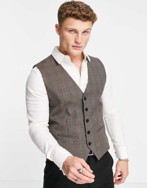 Selected Homme - Skinny fit gilet met bruine ruiten