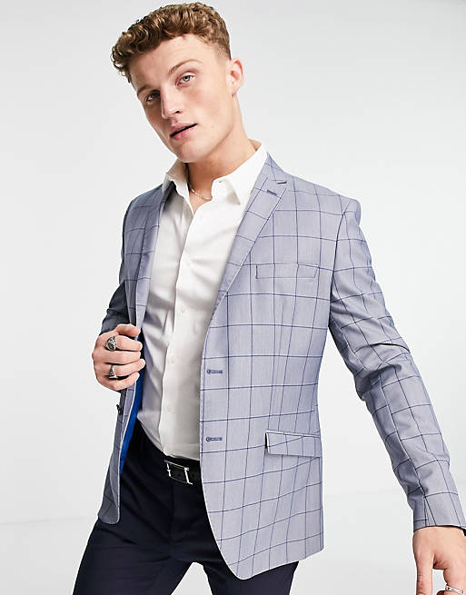 Men Selected Homme slim check suit jacket in blue check 