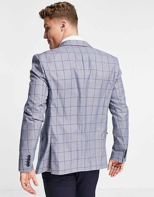 Men Selected Homme slim check suit jacket in blue check 