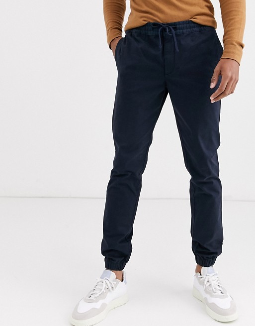 Selected Homme slim fit cuff bottom drawstring chino trousers in navy
