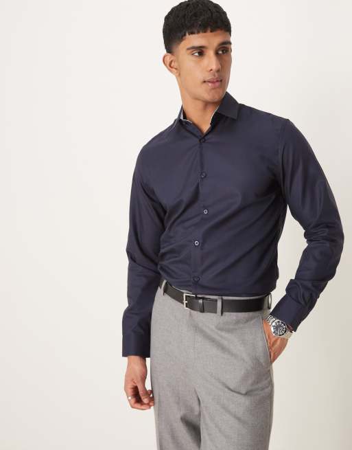 Selected Homme slim fit easy iron smart shirt in navy