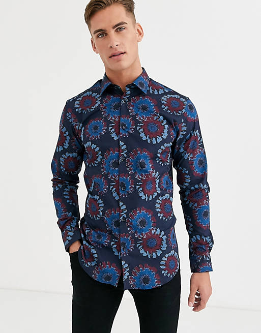 Selected Homme slim fit geo floral print shirt in navy | ASOS