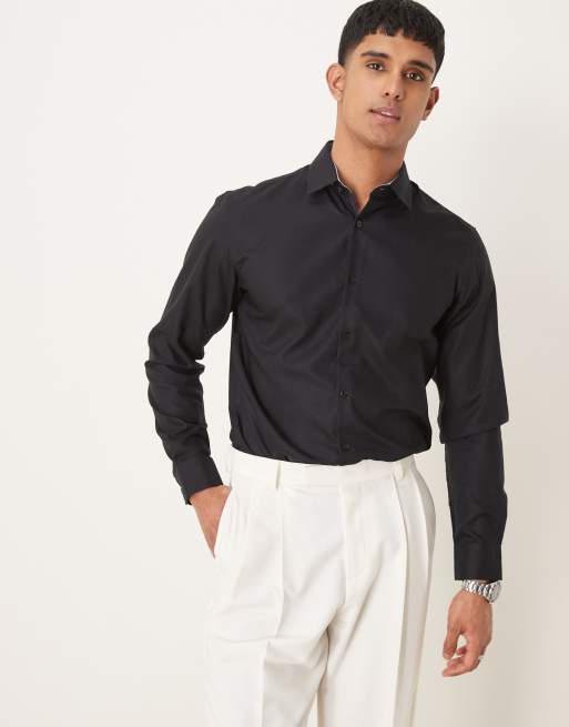 Selected Homme - Slim-fit kreukvrij net overhem in zwart
