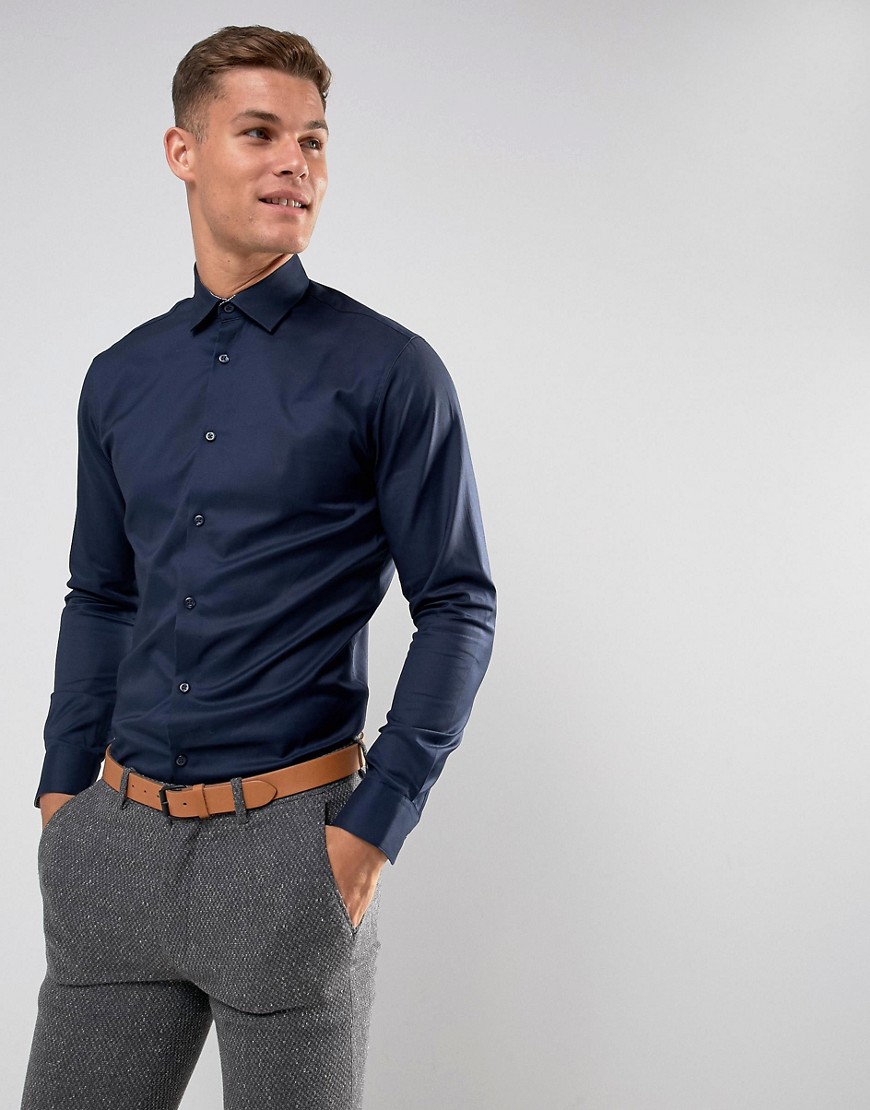 Selected Homme - Slim-fit kreukvrij net overhemd in marineblauw