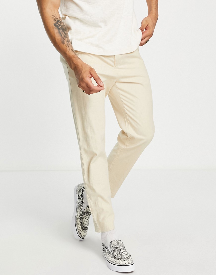 Selected Homme slim fit linen mix pants in beige-Neutral