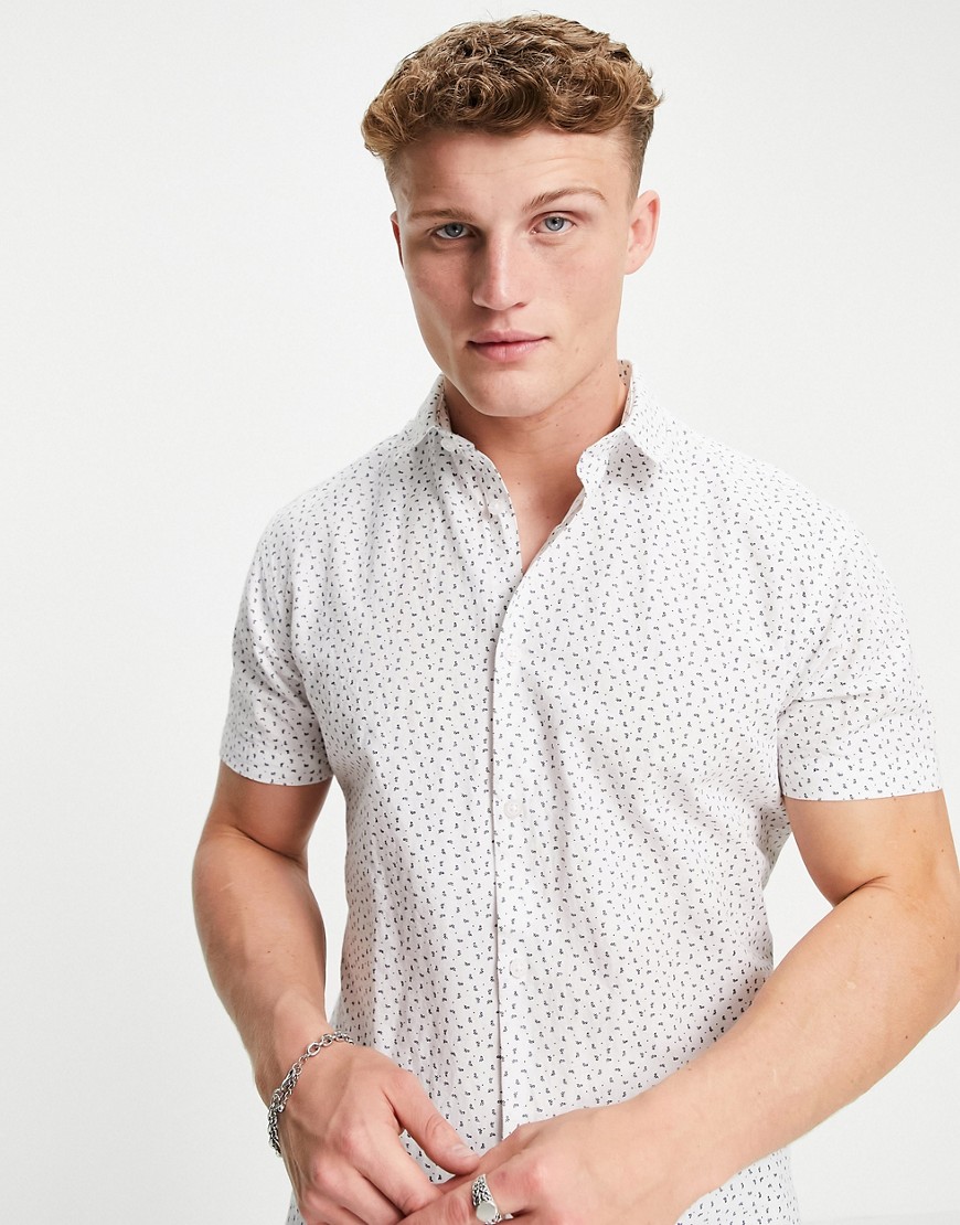 Selected Homme slim fit linen short sleeve shirt-White
