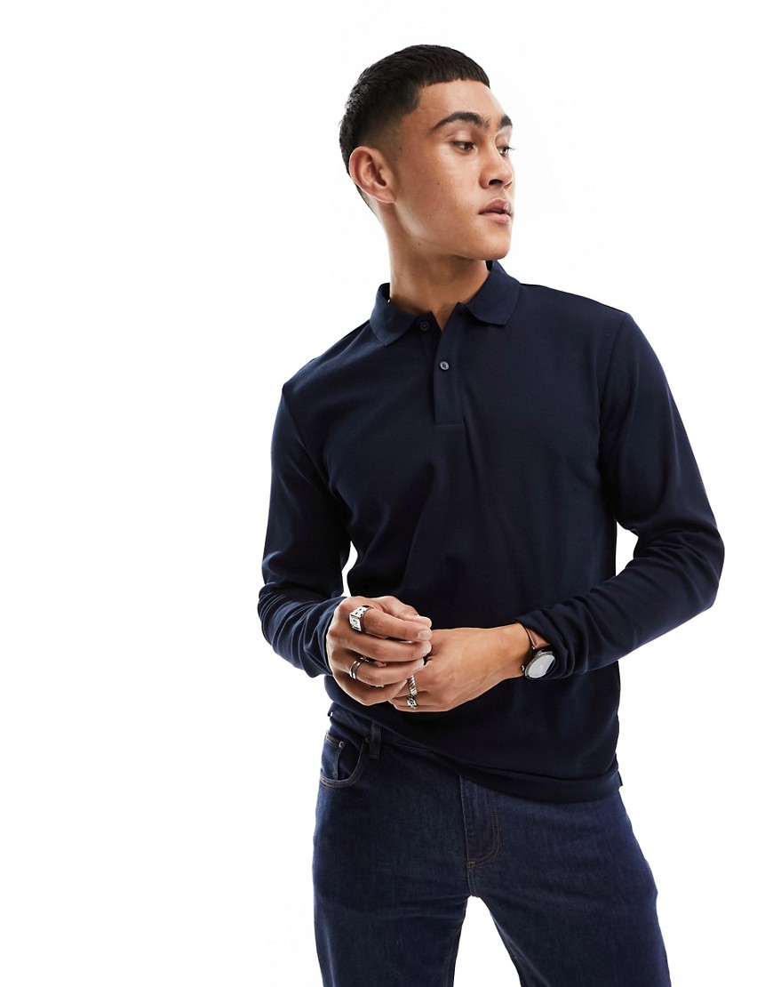 Selected Homme slim fit long sleeve polo in navy
