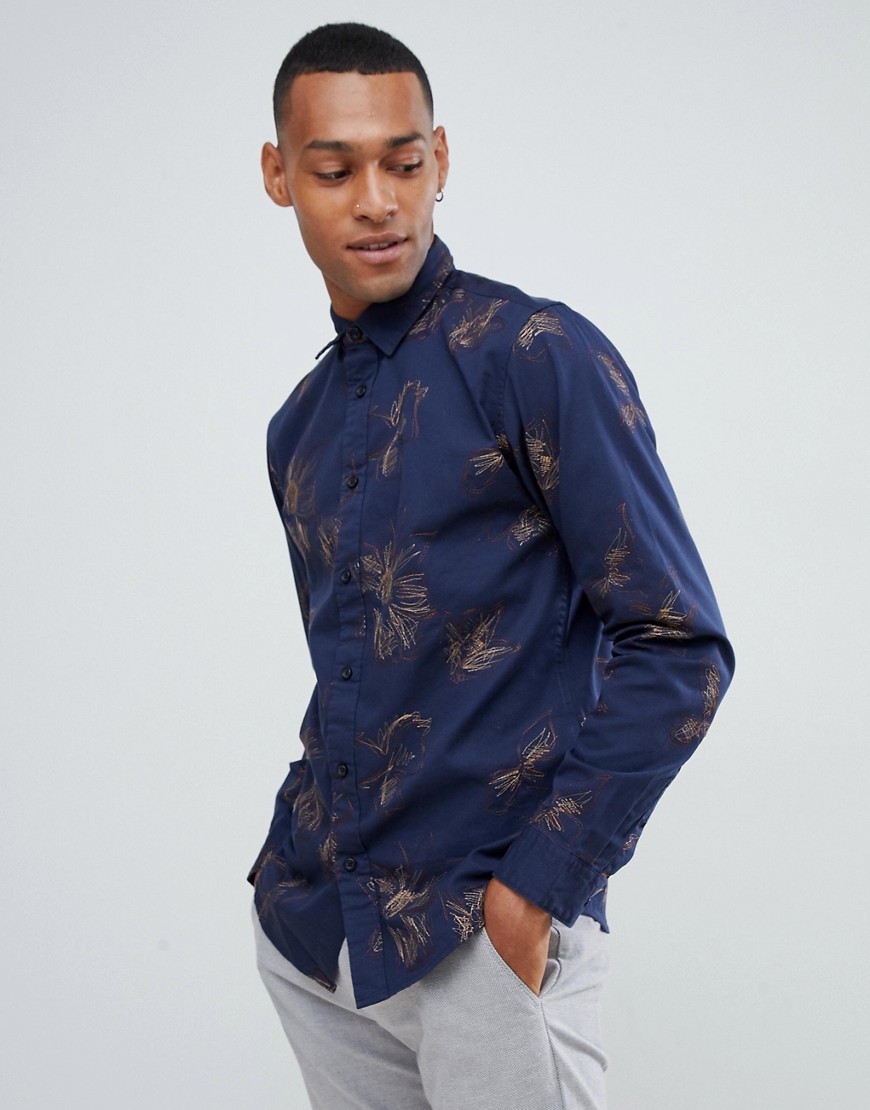 Selected Homme - Slim-fit overhemd met borduursel-Marineblauw