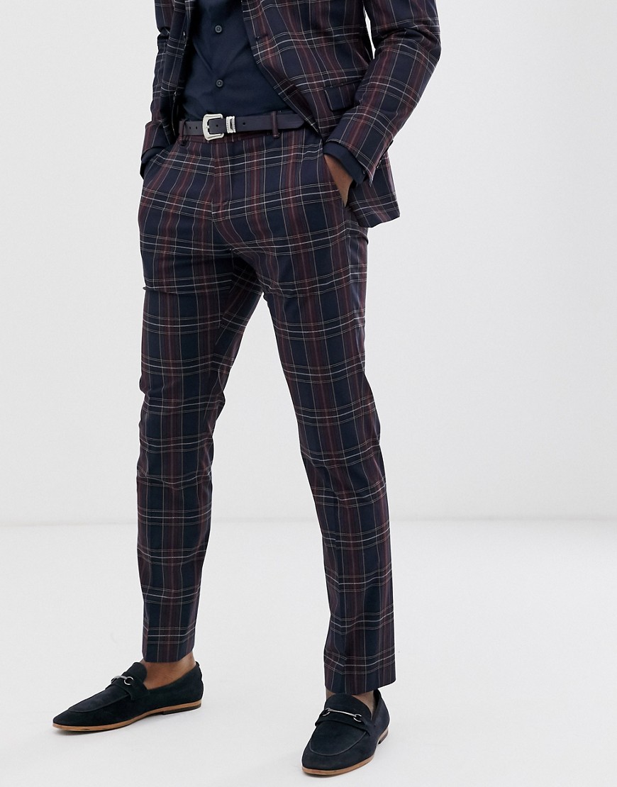 Selected Homme - Slim-fit pantalon in marineblauw/rood geruit