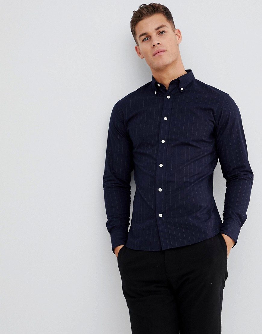 Selected Homme slim fit-skjorte med knapper i kraven og svage striber-Marineblå