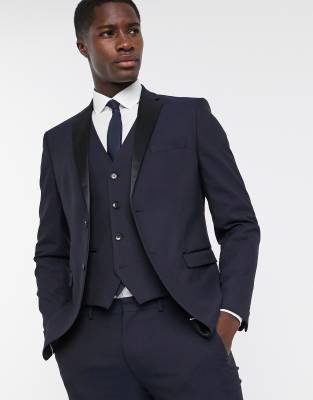 Selected Homme slim fit tuxedo satin lapel suit jacket in navy Navy