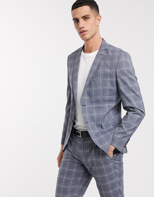 Selected Homme slim fit stretch checked suit jacket in light blue