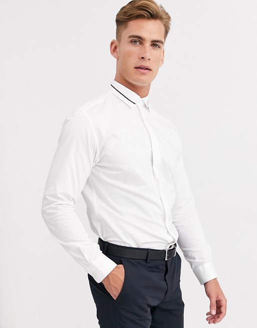 Selected Homme slim fit stretch hidden placket tipped collar shirt in white