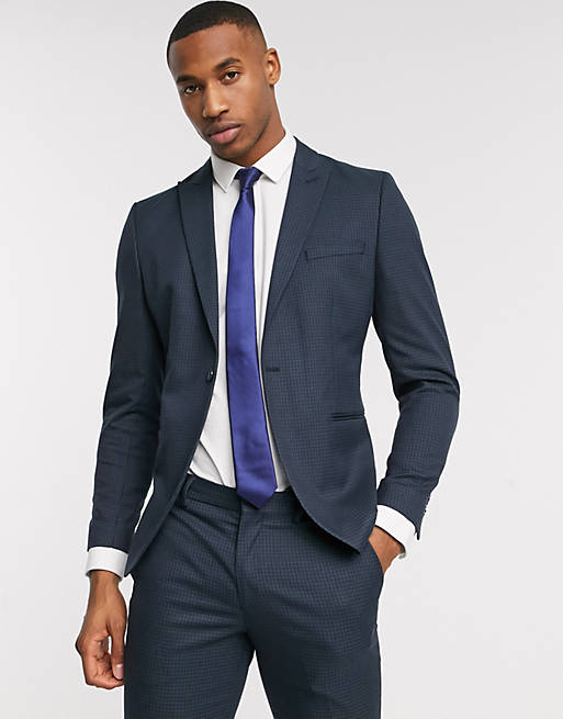 Selected Homme slim fit stretch micro gingham suit jacket in navy | ASOS
