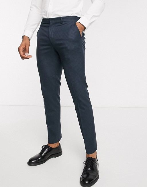 Selected Homme slim fit stretch micro gingham suit trousers in navy