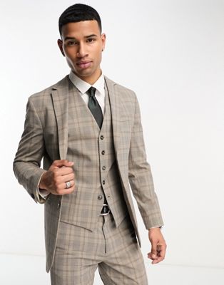 Selected Homme slim fit suit jacket in beige check - ASOS Price Checker
