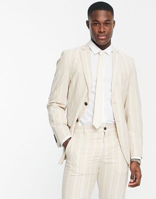 Selected Homme slim fit suit jacket in beige summer stripe