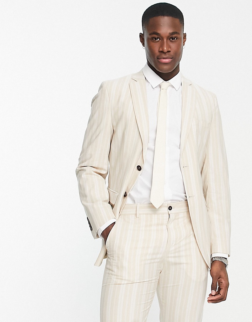 Selected Homme Slim Fit Suit Jacket In Beige Summer Stripe-neutral