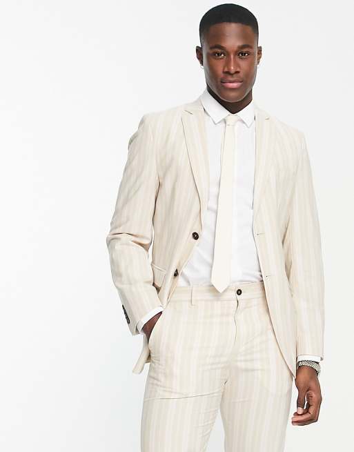 Selected Homme slim fit suit jacket in beige summer stripe ASOS