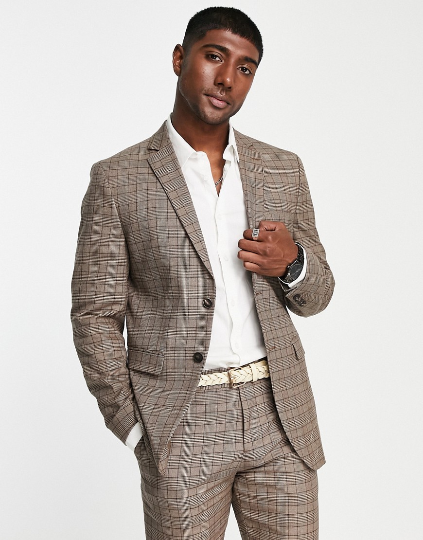 Selected Homme slim fit suit jacket in brown check