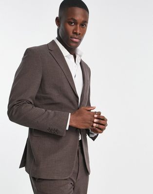 Selected Homme slim fit suit jacket in brown mini check
