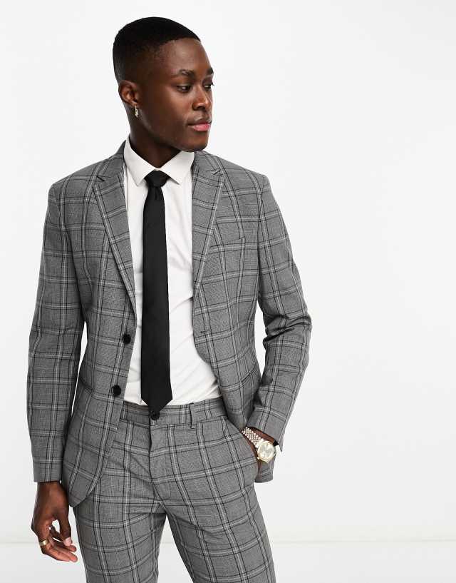 Selected Homme slim fit suit jacket in dark gray check