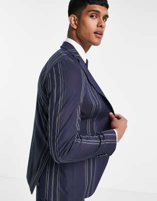 slim fit suit jacket in navy and white stripes-Multi