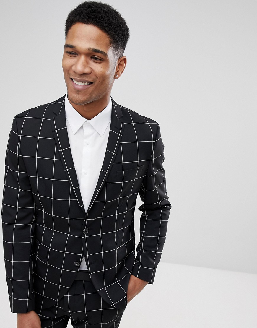 Selected Homme Slim Fit Suit Jacket In Panel Grid-Black