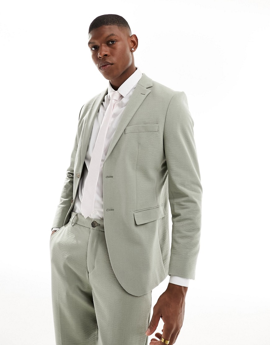 Selected Homme Slim Fit Suit Jacket In Sage Seersucker-green