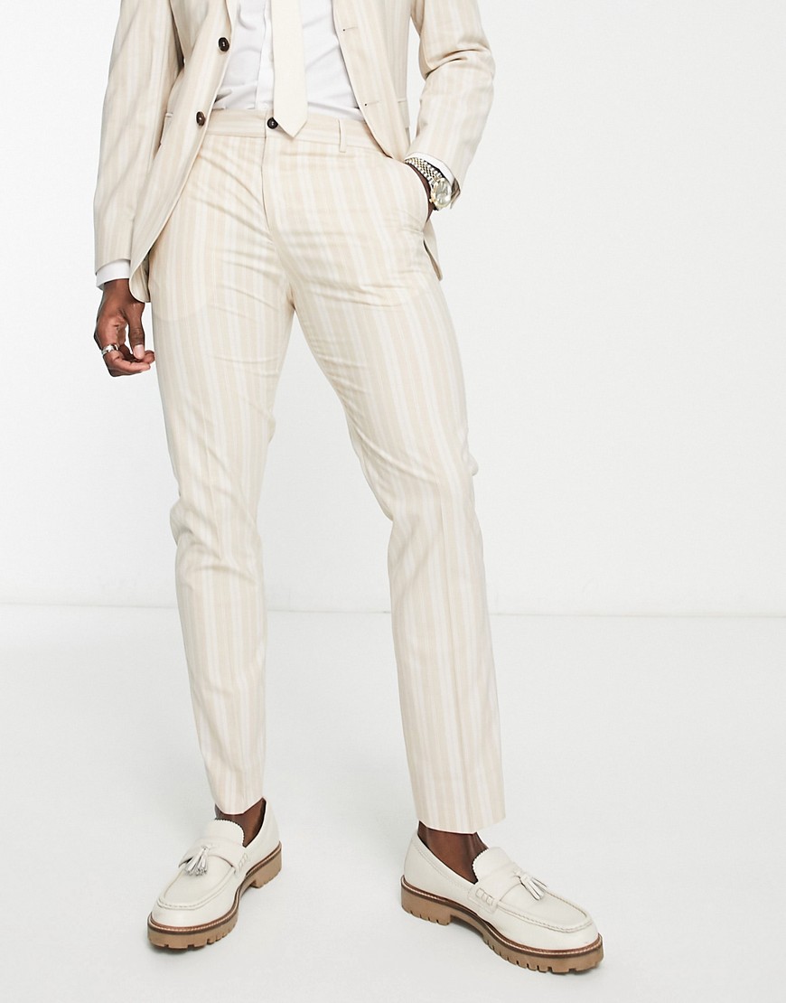 Selected Homme slim fit suit trouser in beige summer stripe-Neutral